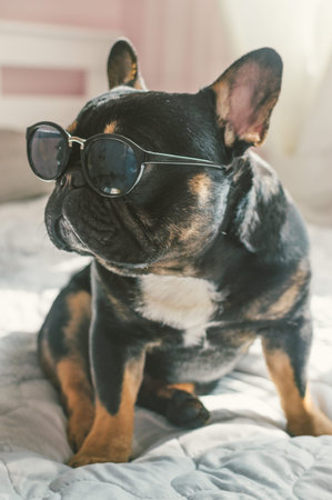 Portrait of a dog of breed French Bulldog in sunglasses. Vertical photoの写真素材