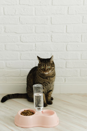 Cat is sitting next to the food. vertical photoの写真素材