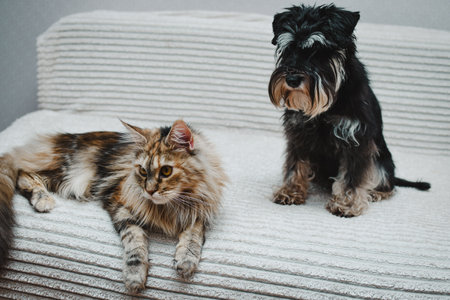 cat and dog lie together on the bedの写真素材