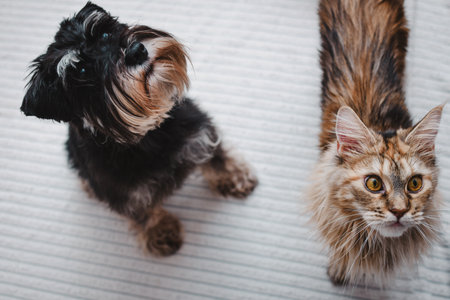 Close-up portrait of a cat and a dog next to each otherの写真素材