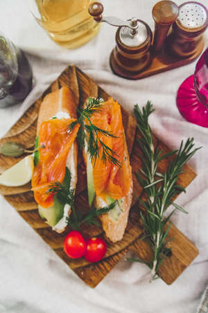 Sandwiches with salmon avocado and cream cheeseの写真素材
