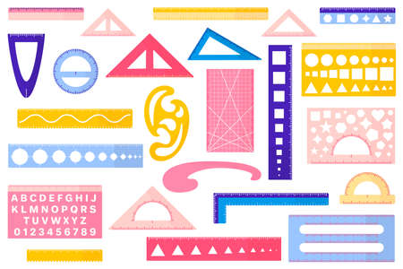 Set of vector cartoon illustrations with different types of rulers: pattern, inch, ruler, centimeter, protractor, triangular ruler and others on white background. Back to school.のイラスト素材