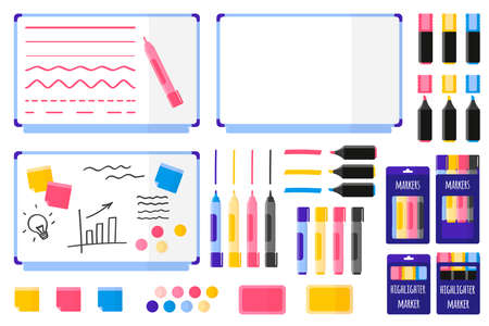 Set of vector cartoon illustrations with magnetic board, multi-colored markers, sponge, stickers and magnets on white background. Back to school.のイラスト素材