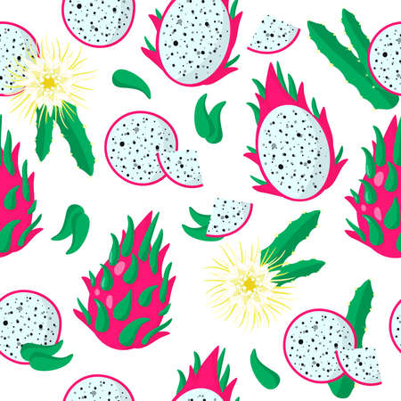Vector cartoon seamless pattern with Hylocereus, undatus or dragon fruit exotic fruits, flowers and leafs on white background for web, print, cloth texture or wallpaperのイラスト素材