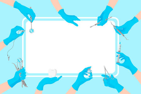 Vector cartoon clean dental banner with the image of doctors hands in blue gloves who hold dental tools around. Dental concept.のイラスト素材