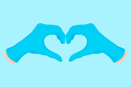 Vector cartoon illustration of a doctors hand in blue gloves, in the shape of a heart. Dental concept.のイラスト素材