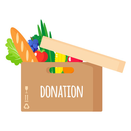 Vector cartoon illustration of donation cardboard box with healthy organic food isolated on white background. Charity and help concept.のイラスト素材
