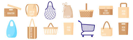 Vector cartoon set of empty eco paper grocery bags, baskets, cart, box, string and turtle bag for healthy food isolated on white background. Caring for the environment concept. Eco-food shopping.のイラスト素材