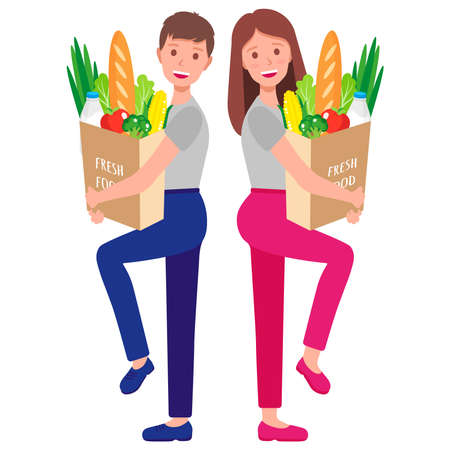 Vector cartoon illustration with happy couple guy and girl holding eco paper grocery bags with healthy organic food isolated on white background. Caring for the environment concept. Eco-food shoppingのイラスト素材