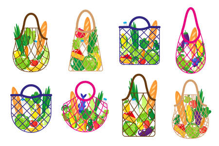 Vector cartoon set of grocery string bag or turtle mesh bag with healthy organic food isolated on white background. Caring for the environment concept. Eco-food shopping.のイラスト素材