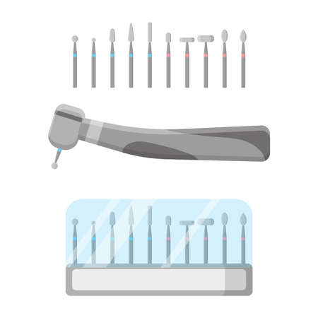Vector cartoon illustration of dental drill with burs set isolated on white background. Dental concept.のイラスト素材