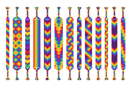 Vector set of multi-colored handmade hippie friendship bracelets of threads isolated on white background. Macrame normal pattern. Pride parade, LGBT and free love.のイラスト素材