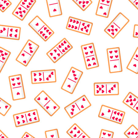 Seamless pattern of domino bone cookies with hearts for Valentine's Day or wedding. Vector flat design isolated on white background. Board games.のイラスト素材