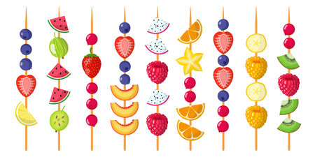 Fruit canapes mix on wooden skewers. Strawberries, blueberries, raspberries, watermelon, kiwi, banana, tangerine. Vector flat design isolated on white background.のイラスト素材
