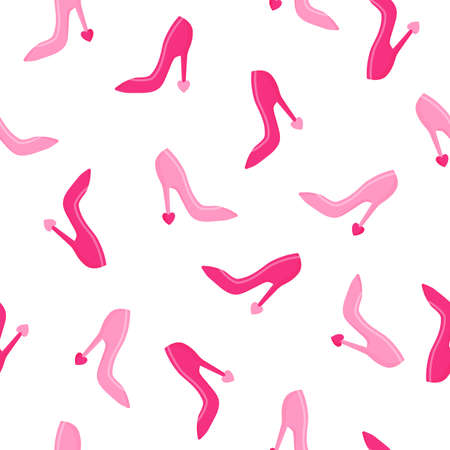 Seamless pattern of pink high heels with heart for the wedding or Valentine's Day. Cartoon vector isolated design for wallpaper, wrapping paper, textile, etc.のイラスト素材