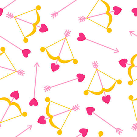 Seamless pattern of cupid bow and arrow with heart for the wedding or Valentine's Day. Cartoon vector isolated design for wallpaper, wrapping paper, textile, etc.のイラスト素材