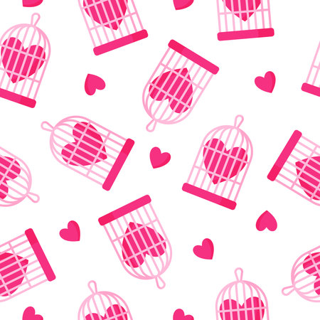 Seamless pattern of birdcage and heartfor the wedding or Valentine's Day. Cartoon vector isolated design for wallpaper, wrapping paper, textile, etc.のイラスト素材