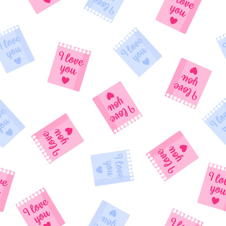 Seamless pattern of sheets of notepad with inscriptions for the wedding or Valentine's Day. Cartoon vector isolated design for wallpaper, wrapping paper, textile, etc.のイラスト素材