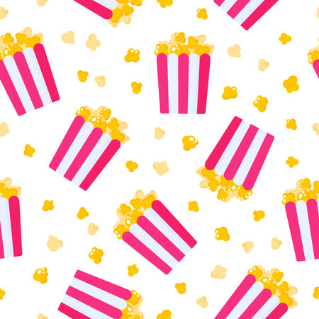 Seamless pattern of paper box with popcorn for the wedding or Valentine's Day. Cartoon vector isolated design for wallpaper, wrapping paper, textile, etc.のイラスト素材