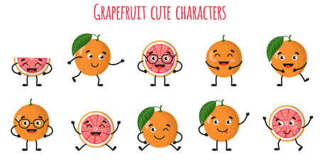 Grapefruit citrus fruit cute funny cheerful characters with different poses and emotions. Natural vitamin antioxidant detox food collection. Vector cartoon isolated illustration. Children concept.のイラスト素材