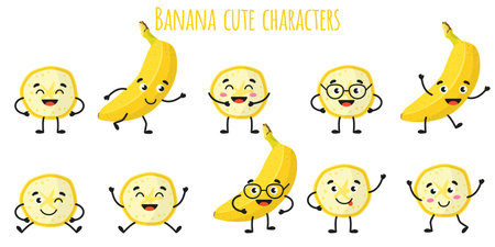 Banana fruit cute funny cheerful characters with different poses and emotions. Natural vitamin antioxidant detox food collection. Vector cartoon isolated illustration. Children concept.のイラスト素材