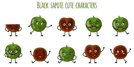 Black sapote fruit cute funny cheerful characters with different poses and emotions. Natural vitamin antioxidant detox food collection. Vector cartoon isolated illustration. Children concept.のイラスト素材