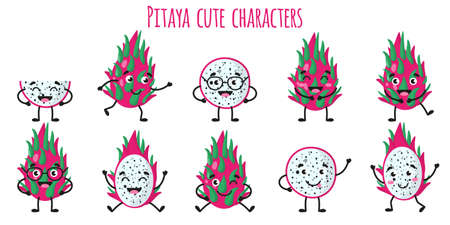 Pitaya fruit cute funny cheerful characters with different poses and emotions. Natural vitamin antioxidant detox food collection. Vector cartoon isolated illustration. Children concept.のイラスト素材