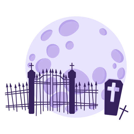 Silhouette of a cemetery and graves against the background of a full moon. Traditional Halloween symbol and decorative element. Vector cartoon isolated illustration.のイラスト素材