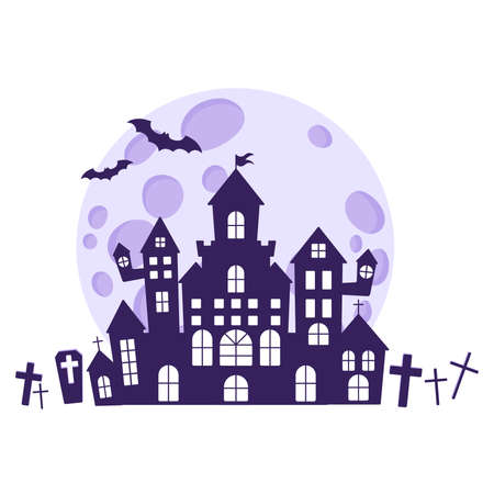 Halloween silhouettes of a medieval haunted castle in a cemetery against the backdrop of a full moon and bats. Traditional Halloween symbol and decorative element. Vector cartoon isolated illustrationのイラスト素材