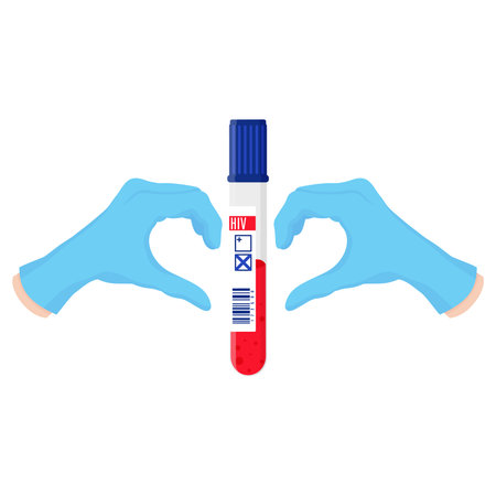 Vector cartoon doctors hand in blue glove holding test tube with blood. HIV and AIDS medical concept.のイラスト素材