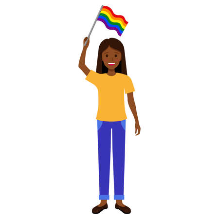 Black brunette woman holding rainbow flag taking part in the pride parade. LGBT community.のイラスト素材