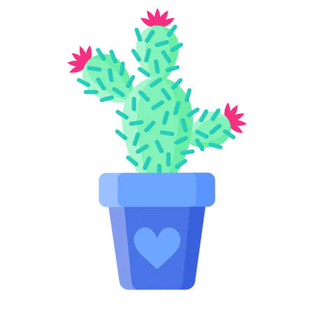 Blue flower pot with cactus or succulent with flowers. Decorative natural elements of exotic plants.のイラスト素材