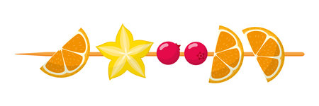 Fruit canape on wooden skewer. Tangerine, cranberry and starfruit. Healthy food conceptのイラスト素材