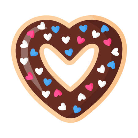 Valentine's Day heart shaped chocolate donut with icing and hearts. Vector cartoon isolated illustration.のイラスト素材