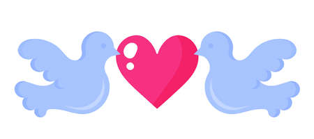 Two doves with a heart. Wedding and valentine day concept. Vector cartoon isolated illustration.のイラスト素材