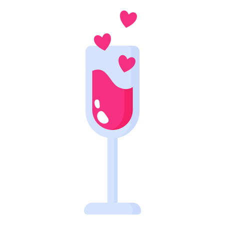 Glass of wine or champagne with hearts. Wedding and valentine day concept. Vector cartoon isolated illustration.のイラスト素材