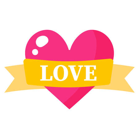 Red heart with a yellow ribbon. Wedding and valentine day concept. Vector cartoon isolated illustration.のイラスト素材