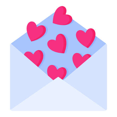 Open blue envelope with a love letter and hearts. Wedding and valentine day concept. Vector cartoon isolated illustration.のイラスト素材