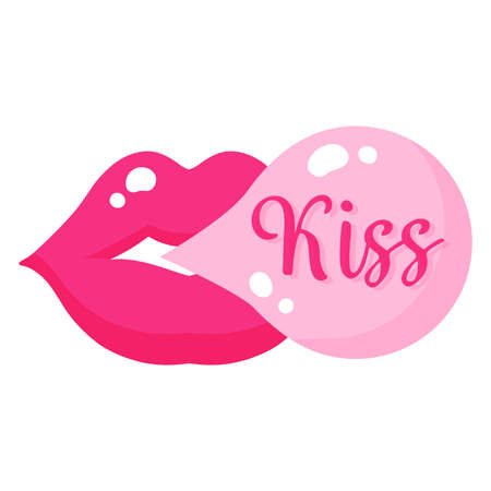 Lips or a kiss with bubble gum. Wedding and valentine day concept. Vector cartoon isolated illustration.のイラスト素材