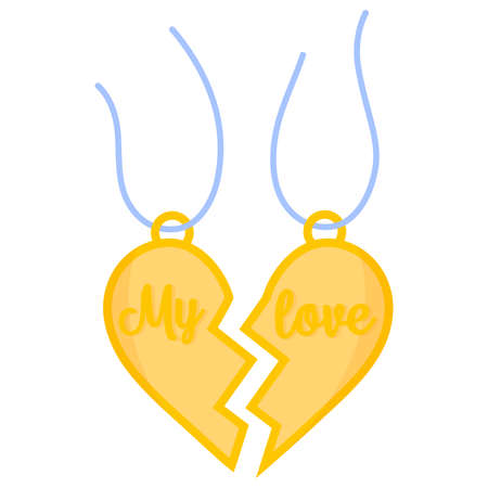Halves of a pendant in the shape of a heart. Wedding and valentine day concept. Vector cartoon isolated illustration.のイラスト素材