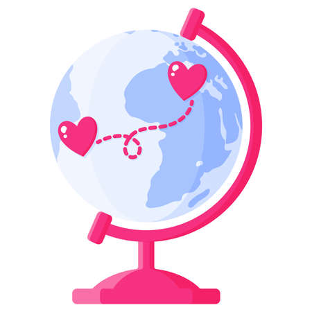 Desktop Earth globe with route and heart. Wedding and valentine day concept. Vector cartoon isolated illustration.のイラスト素材