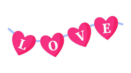 Festive garland with hearts and words love. Wedding and valentine day concept. Vector cartoon isolated illustration.のイラスト素材