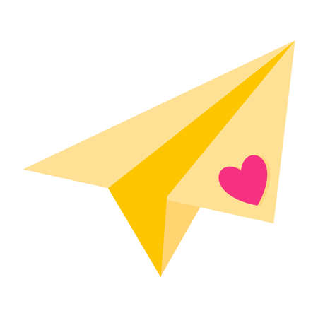 Yellow paper airplane with a heart. Wedding and valentine day concept. Vector cartoon isolated illustration.のイラスト素材