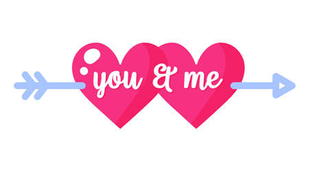 Two red hearts and an arrow. Wedding and valentine day concept. Vector cartoon isolated illustration.のイラスト素材