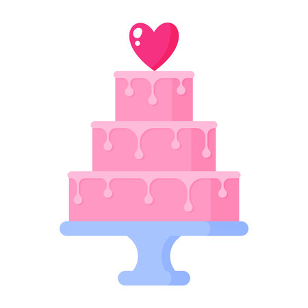 Festive tiered cake with hearts. Wedding and valentine day concept. Vector cartoon isolated illustration.のイラスト素材