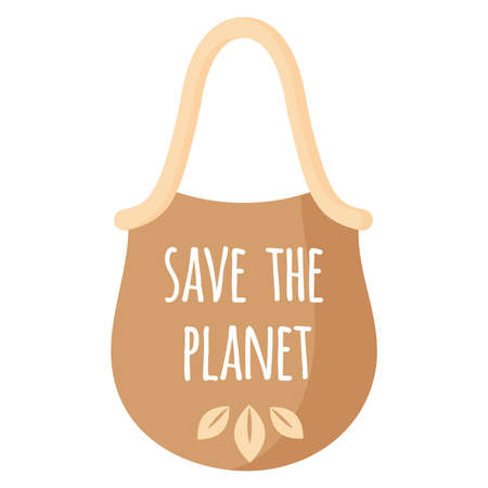 Vector cartoon empty textile reusable bag with eco quot for healthy organic food. Caring for the environment concept. Eco food shopping.のイラスト素材