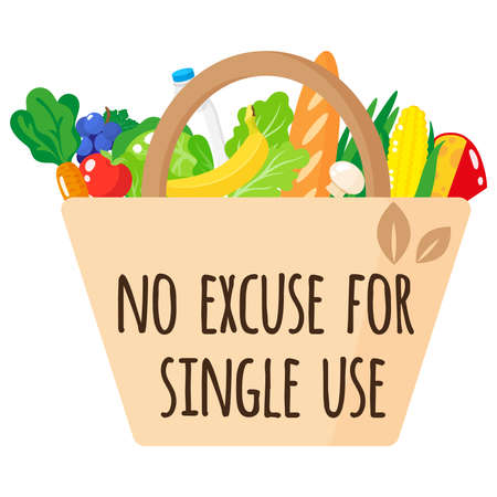 Vector cartoon textile reusable bag with eco quot with healthy organic food. Caring for the environment concept. Eco food shopping.のイラスト素材