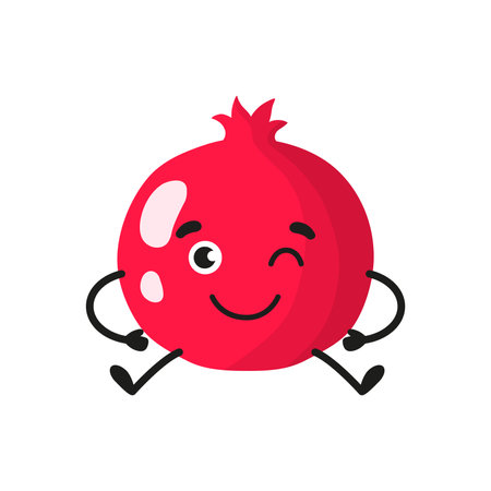 Vector cartoon cheerful cute pomegranate character. Childrens concept.のイラスト素材