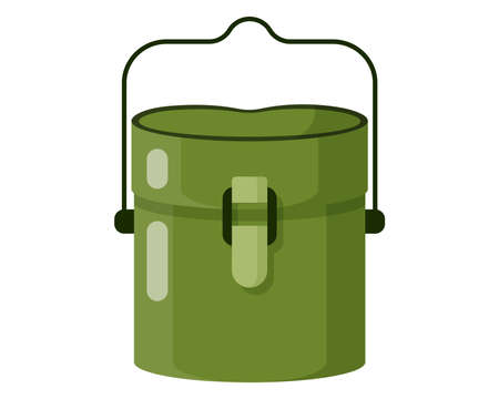 Green military soldier metal camping pot or mess kit for cooking. Touristic equipment for camping and tourism. Military concept for army, soldiers and war. Vector cartoon isolated illustration.のイラスト素材