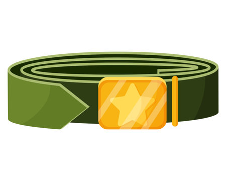 Green old army belt with gold buckle with star, military uniform accessory. Military concept for army, soldiers and war. Vector cartoon isolated illustration.のイラスト素材